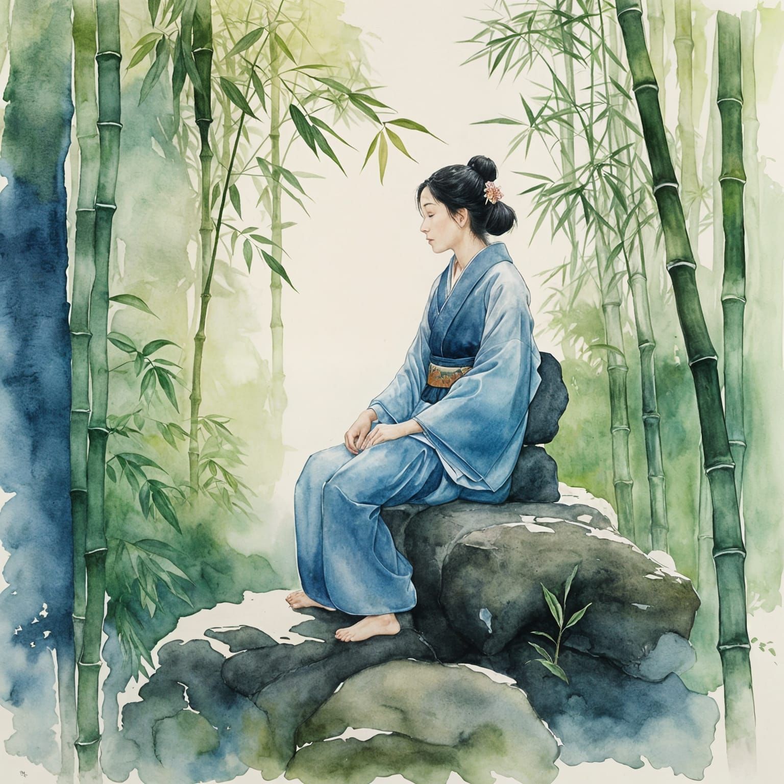 Serene Japanese Woman in Bamboo Forest
