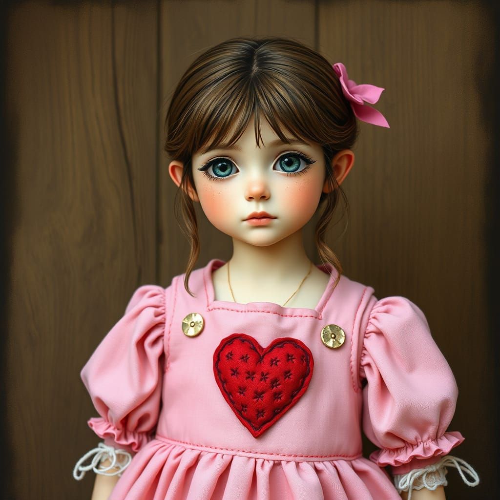 Rustic Art Brut Fairytale Girl in Pink Dress