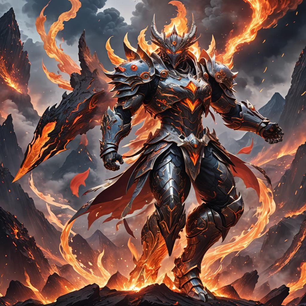 Epic God of Volcanoes in Radiant Armor Smashes Through Fiery...