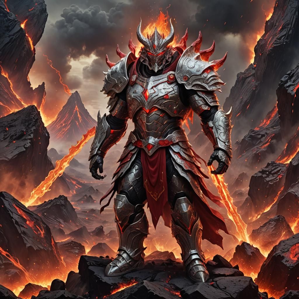 Volcano God in Gleaming Armor Amid Eruption