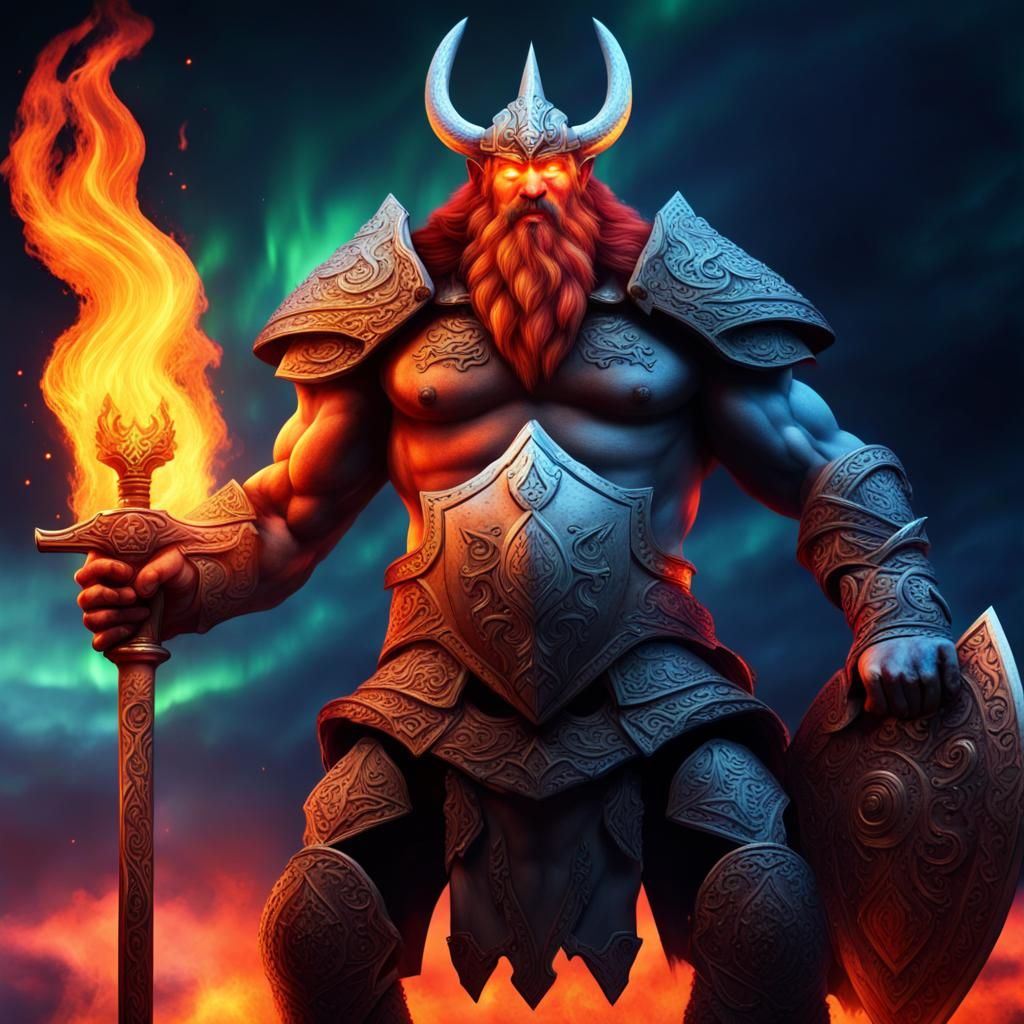 Hyperrealistic Fire Giant with Burning Sword and Shield