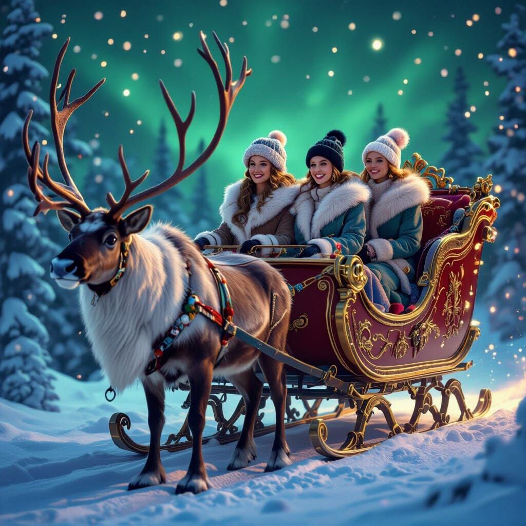 Reindeer Pulling Sleigh in Winter Wonderland, Fantasy Concep...