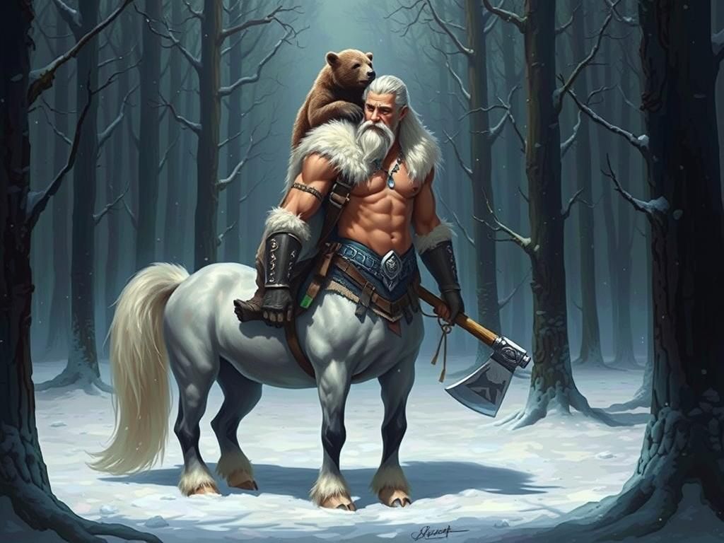 Centaur Warrior Petting Bear Cub in Winter Forest
