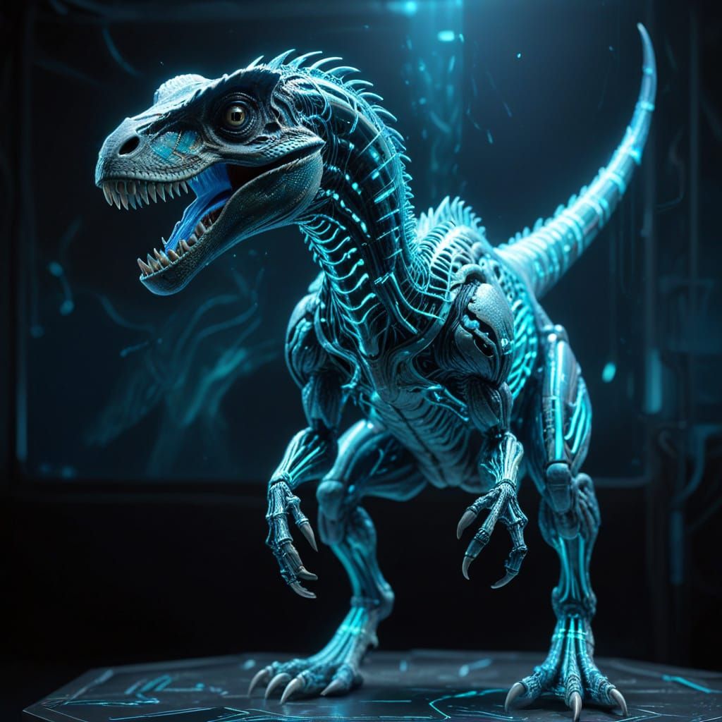 Cyberpunk Velociraptor Hologram in Electric Blue and Cyan