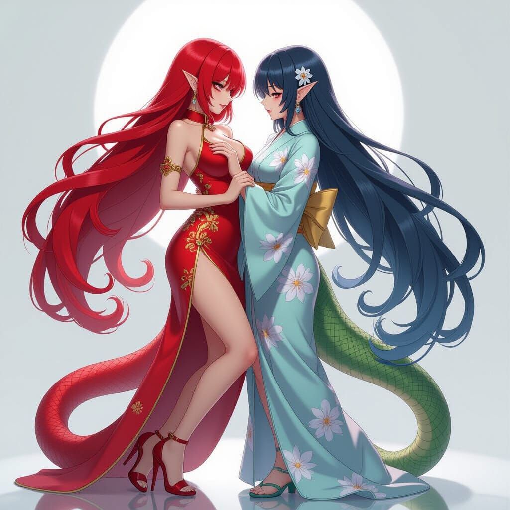 Snake Demon and Lizard Fairy Embrace in Dramatic Anime Style