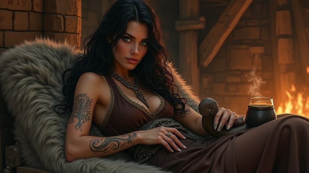 Viking Shieldmaiden's Intimate Moment in a Flickering Hall
