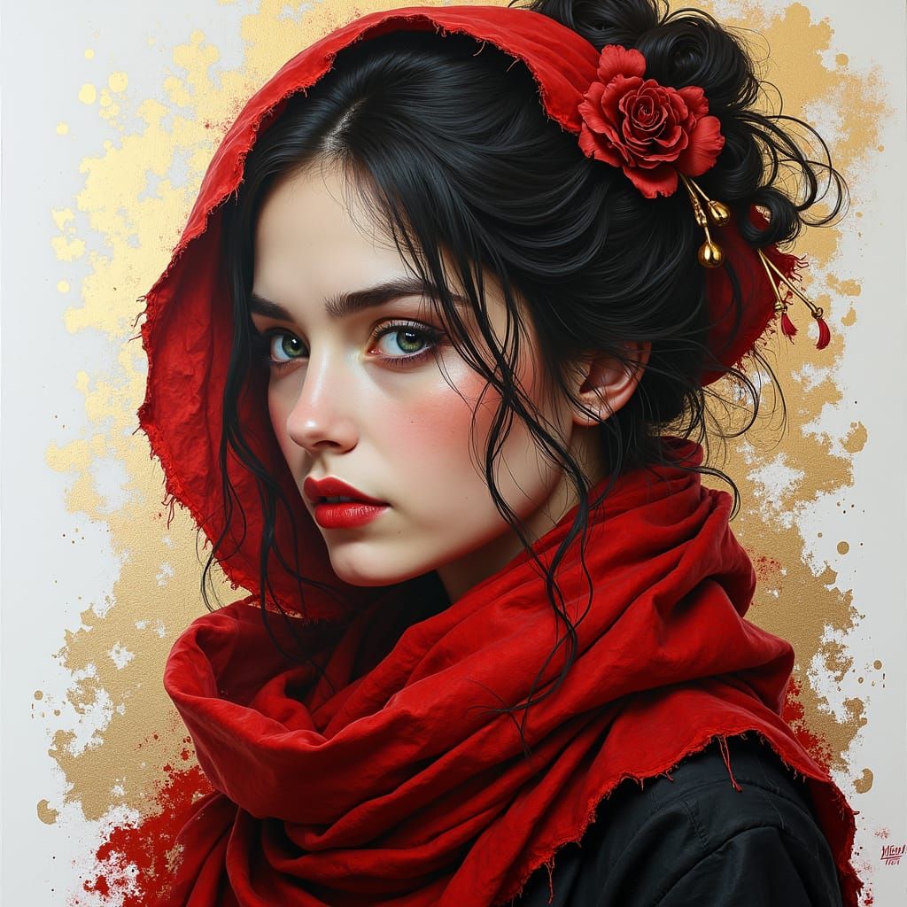 Portrait of Girl with Red Scarf in Oil Painting Style