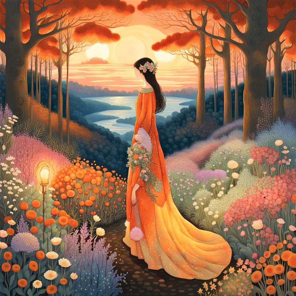 Sunset Woman in Enchanted Forest, Art Nouveau Style
