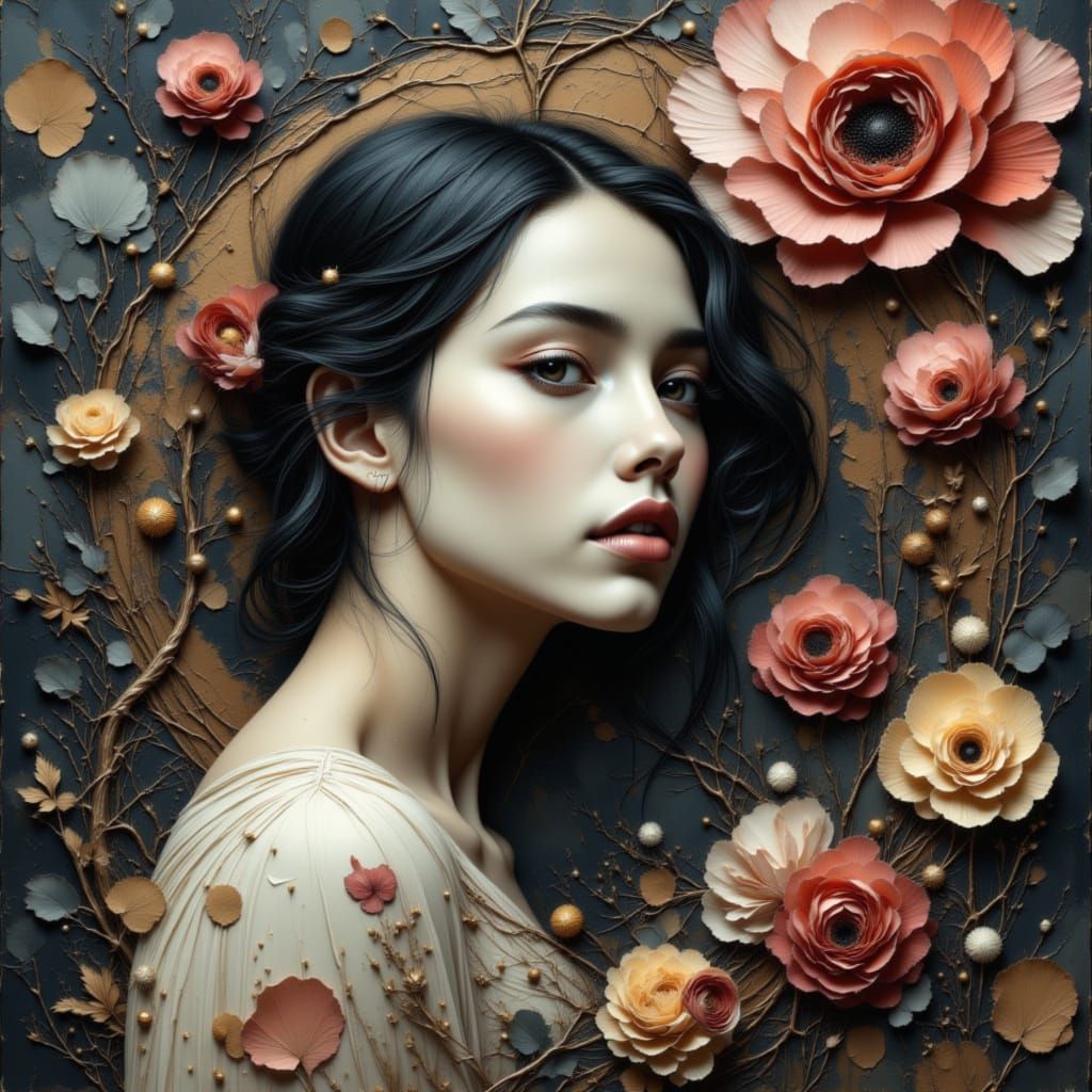 Elegant Floral Portrait in Monochromatic Aquarelles