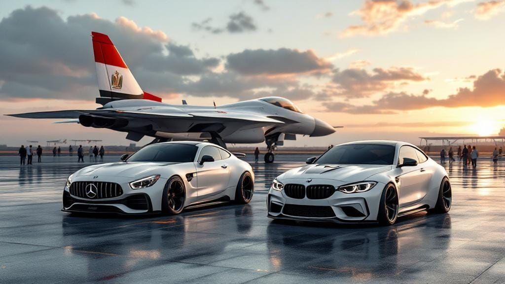 Upgraded Mercedes and BMW at Airport with Fighter Jet