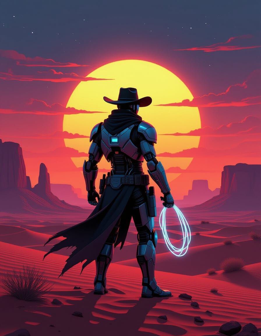 Cyborg Cowboy in Neon Desert Sunset