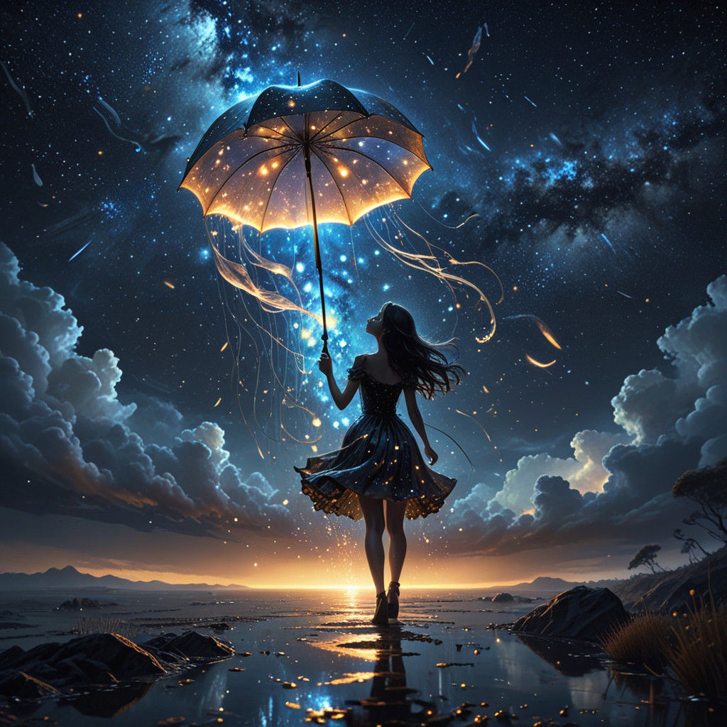 Impressionist Fantasy Girl Under Sparkling Night Sky