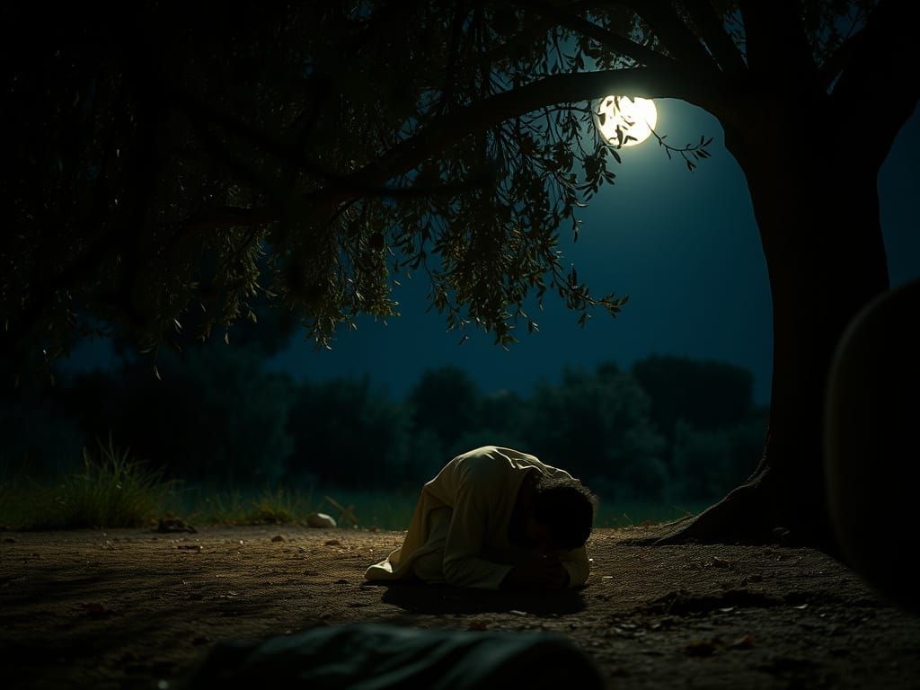 Jesus in Gethsemane Under Moonlight: A Cinematic Still
