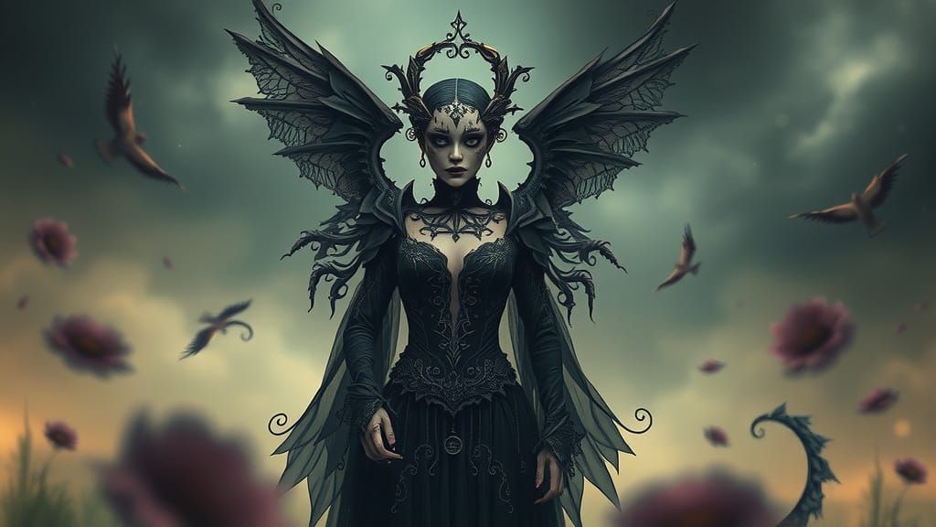 Ethereal Figure in Dark Attire, Amidst Whimsical Landscape