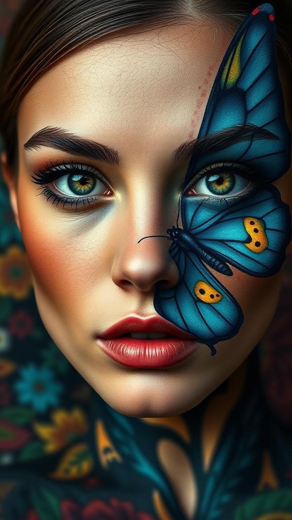 Woman with Butterfly Tattoo in Futuristic Style