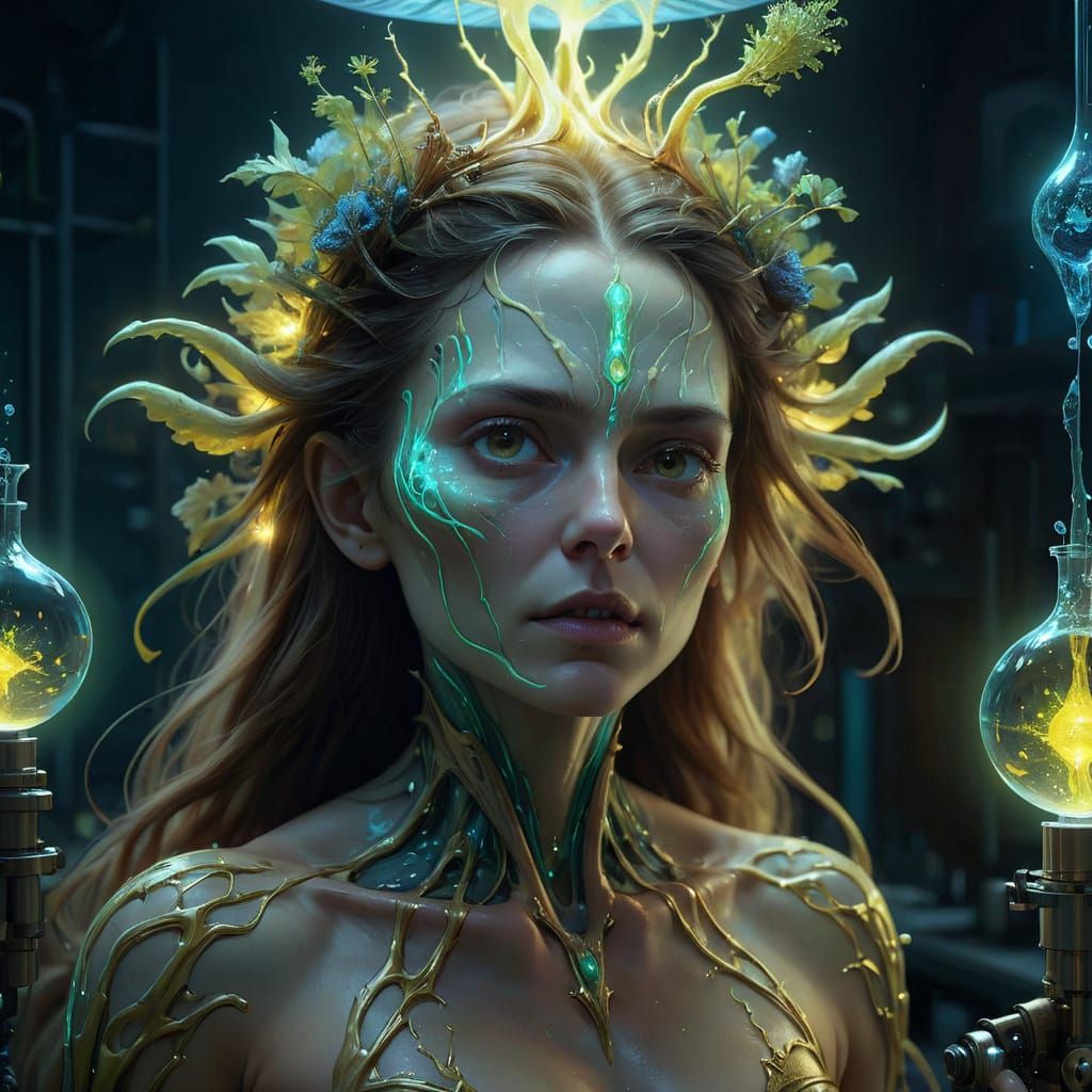 Biopunk Witch Portrait with Bioluminescent Flora