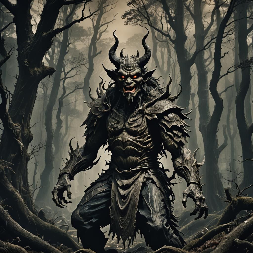 Menacing Japanese Demon in Eerie Forest: Dark Fantasy