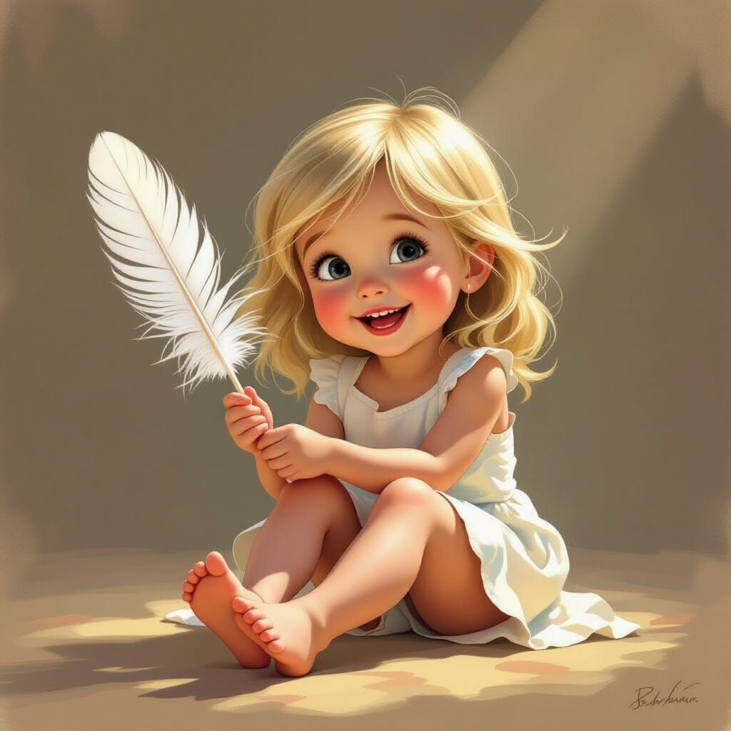 Joyful Girl's Foot Tickled by Feather in Illustrative Style