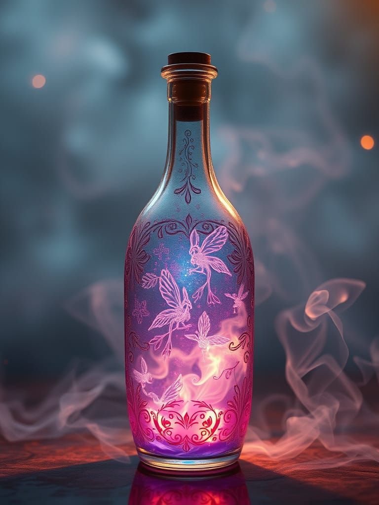 Ethereal Art Nouveau Bottle Filled with Magical Creatures