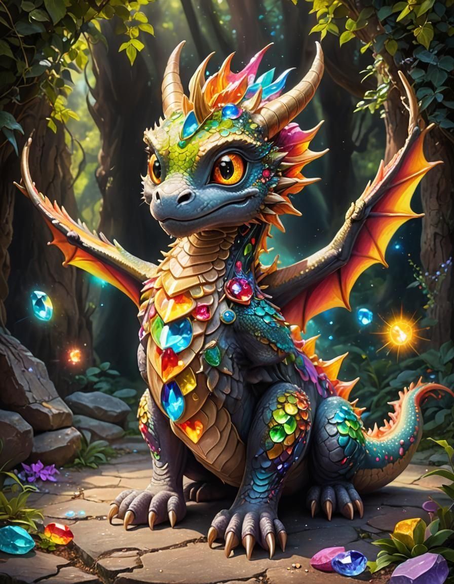 Adorable Gem-Adorned Dragon in Multichromatic Chalk Art