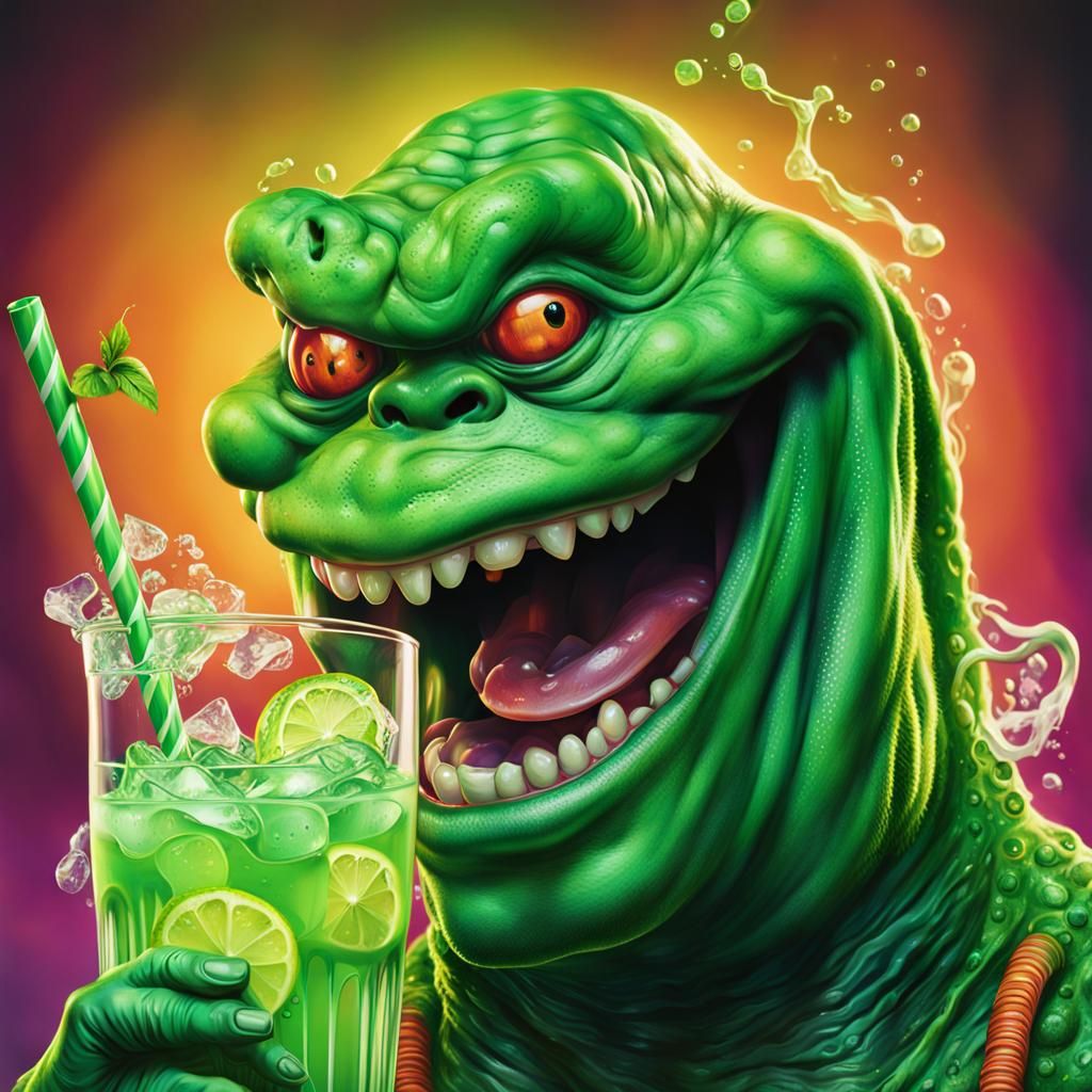Hyperrealistic Slimer Sipping a Cocktail
