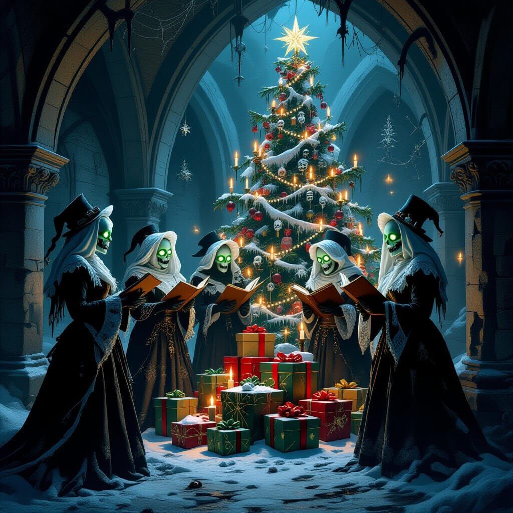 Undead Carolers in a Spectral Crypt Christmas Scene