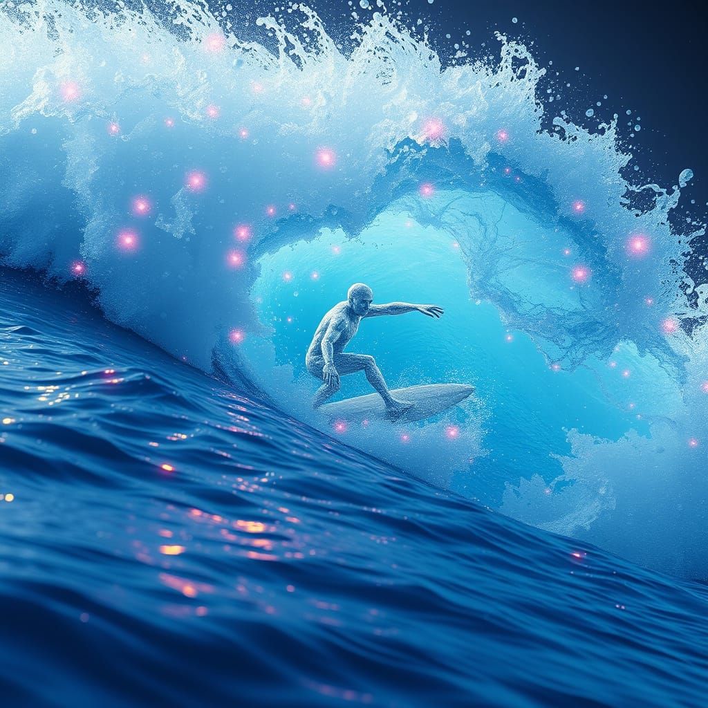 Iridescent Water Elemental Surfer on a Cascade