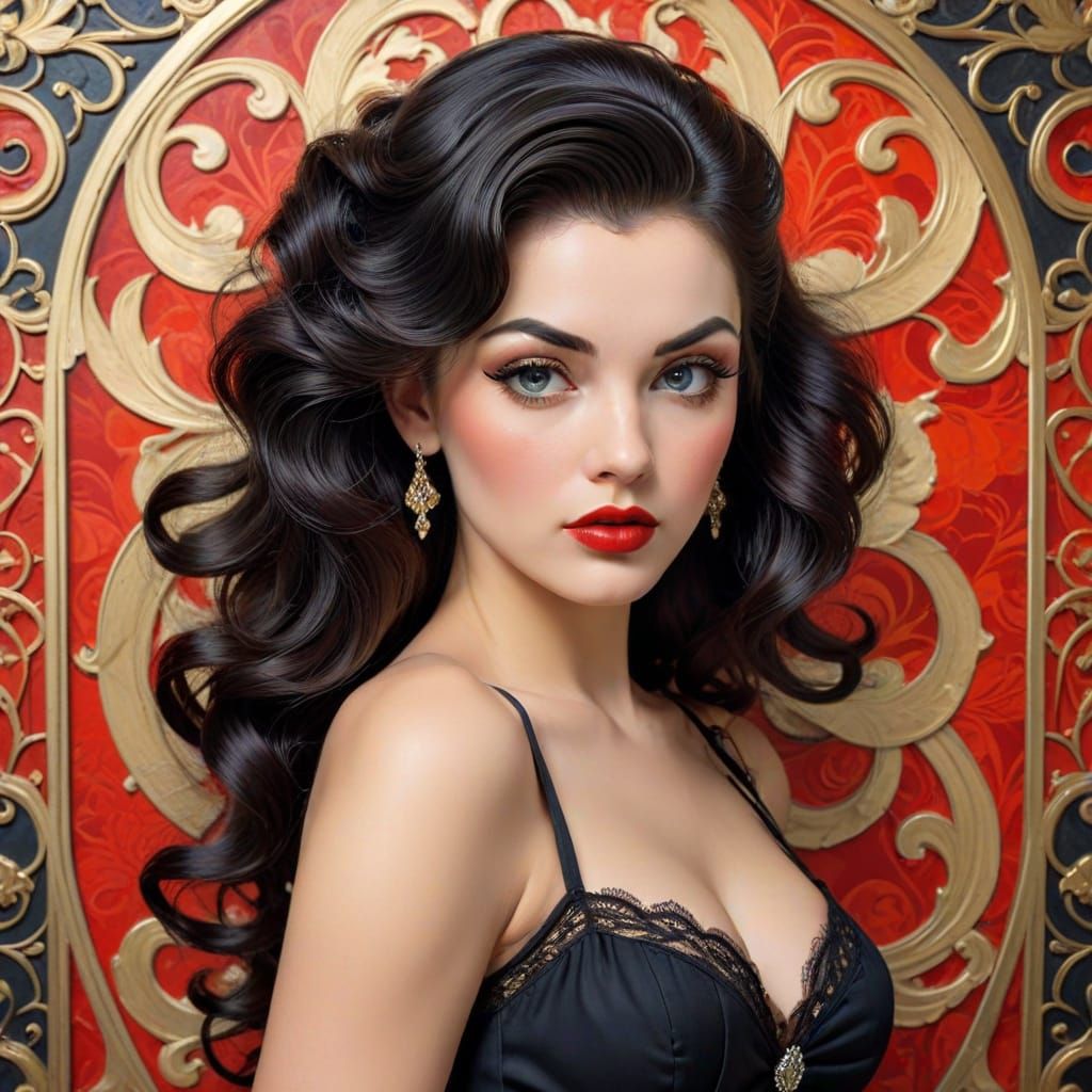 Vibrant Rockabilly Pin-Up in Art Nouveau Style