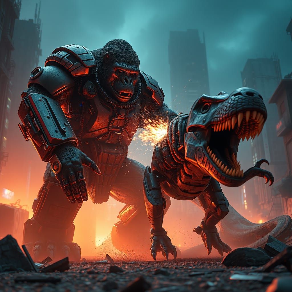 Mecha Gorilla vs Mecha Dinosaur in Cyberpunk Cityscape
