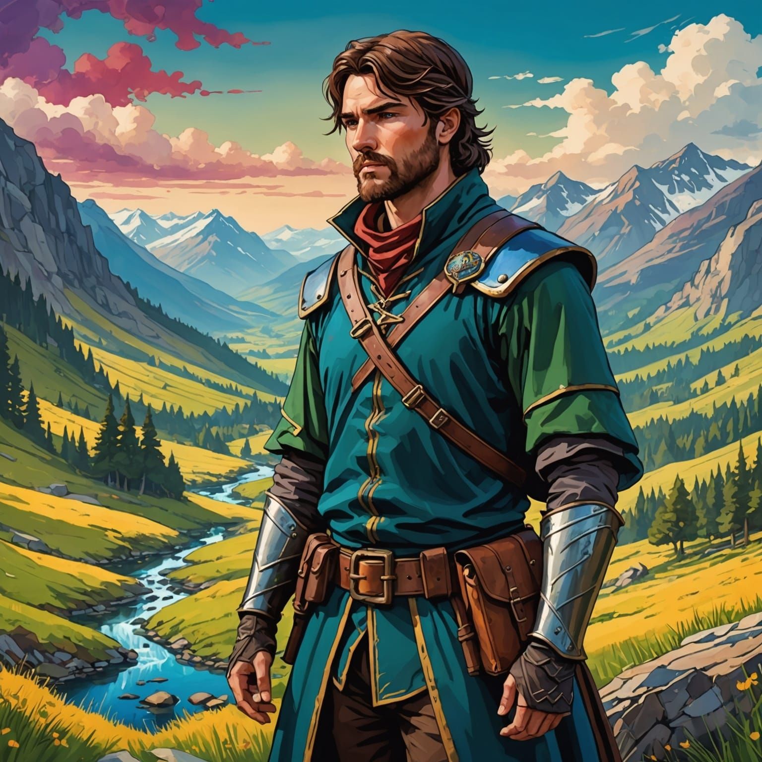 Medieval Ranger in Mountain Valley, Anime Style