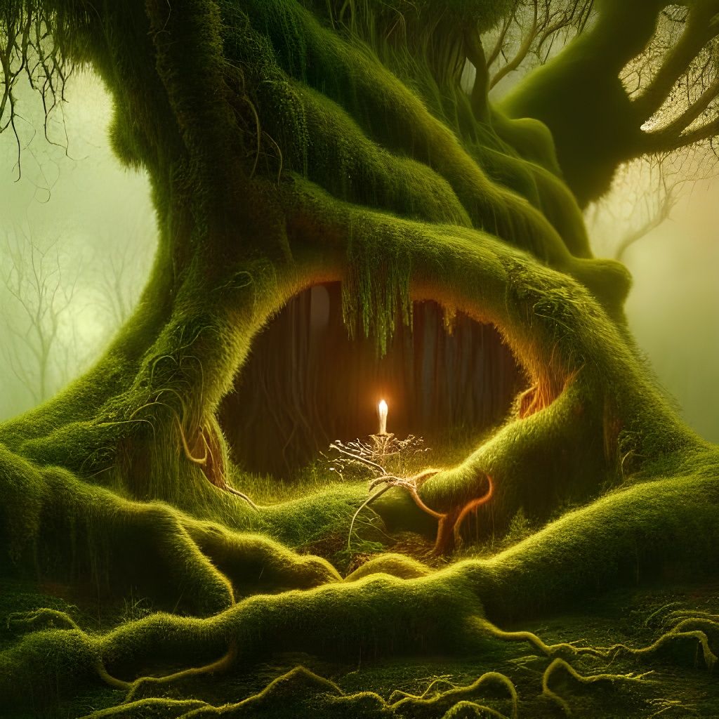 Cozy Candlelit Room Inside Mossy Tree