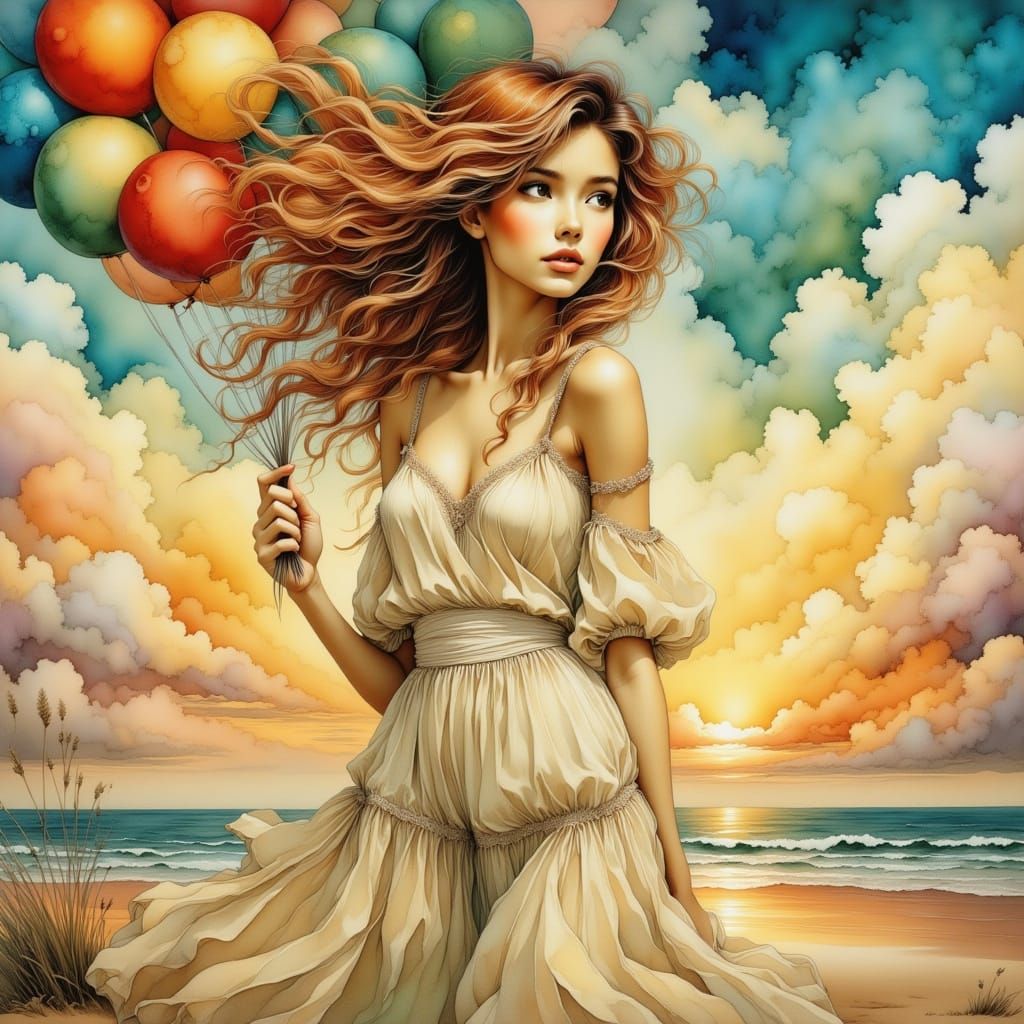 Woman with Balloons at Sunrise in Watercolor Style