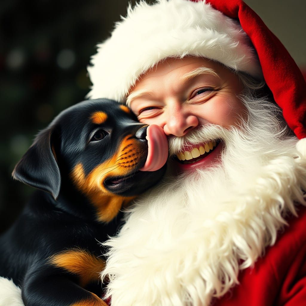 Jolly Rottweiler Puppy Licks Santa's Face in Festive Portrai...