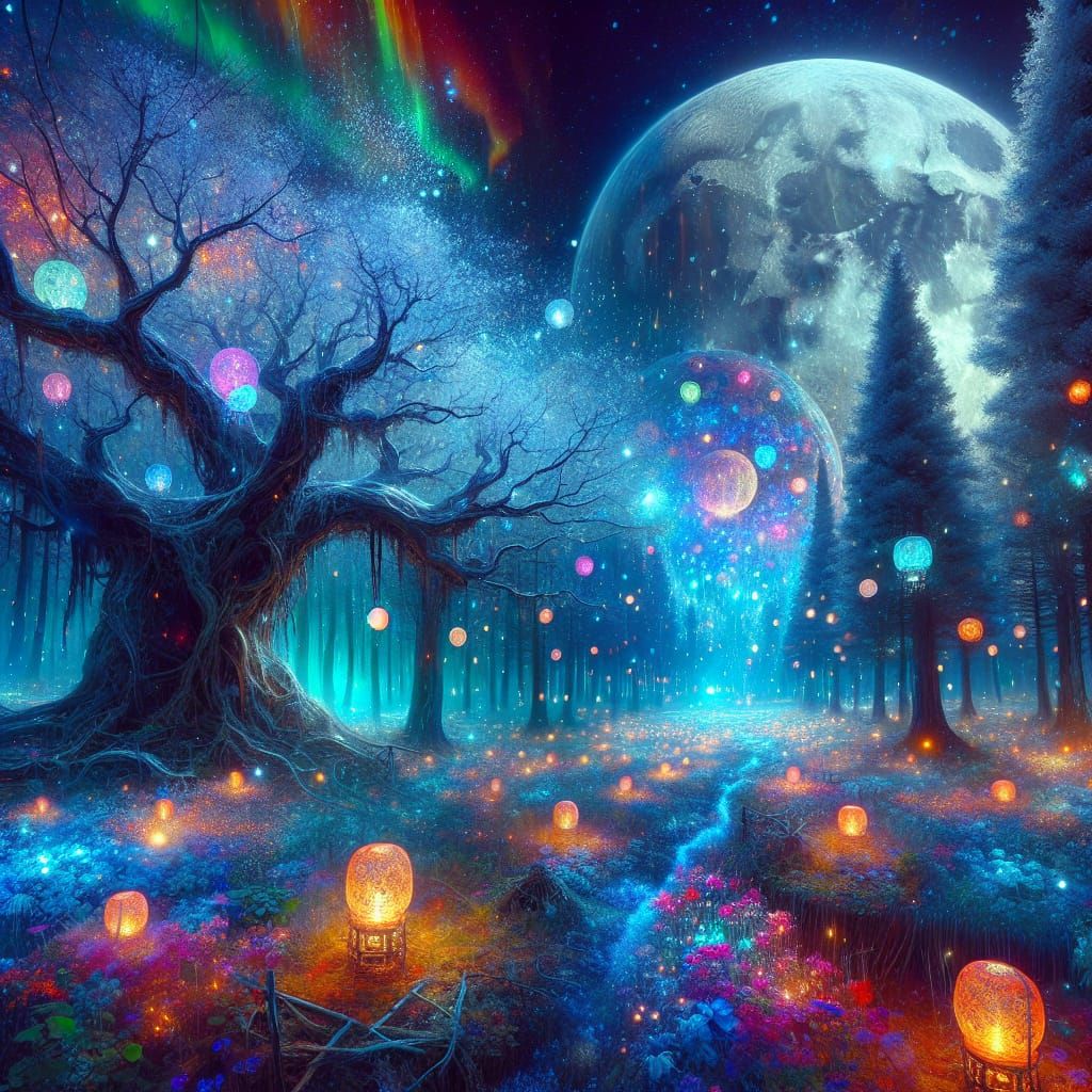 Imbolc Celebration under Holographic Moon in Magical Forest