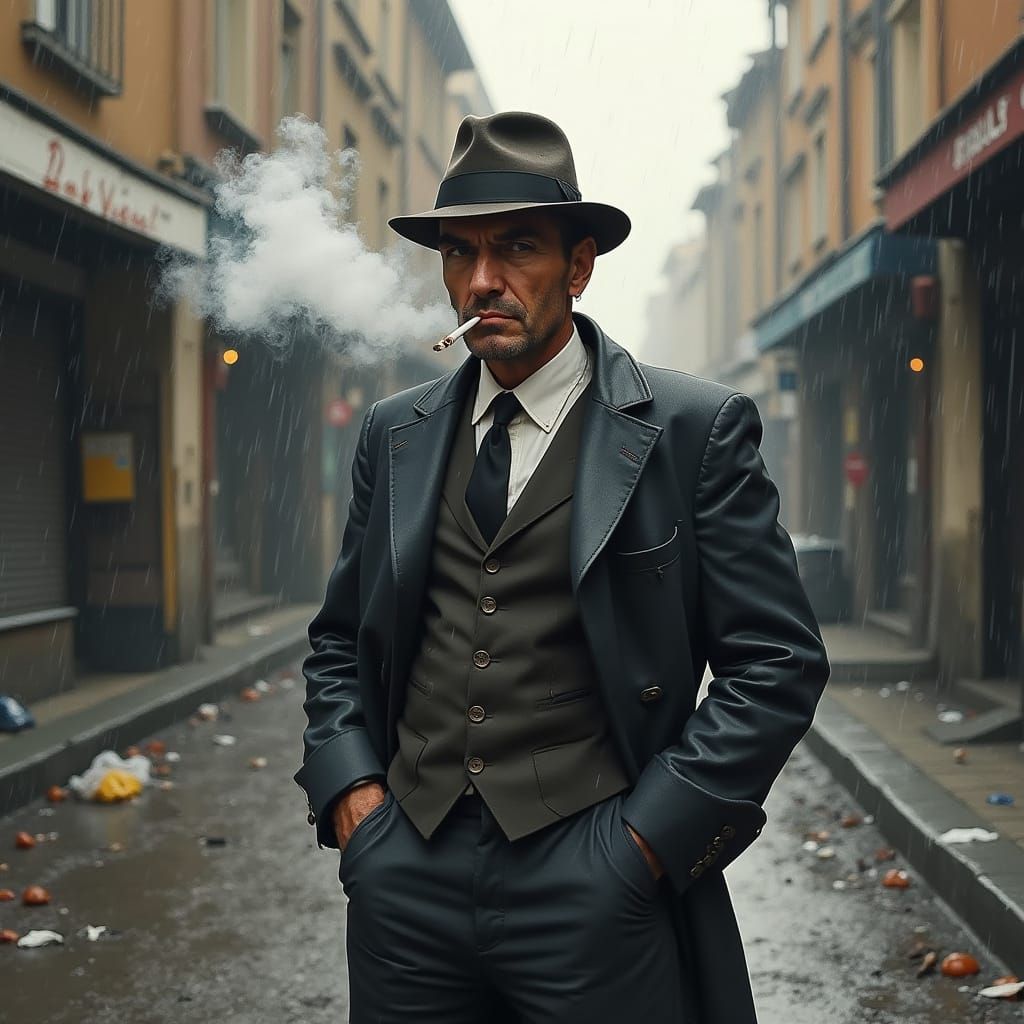 Turbulent French Gentleman in a Rainy Street Scene