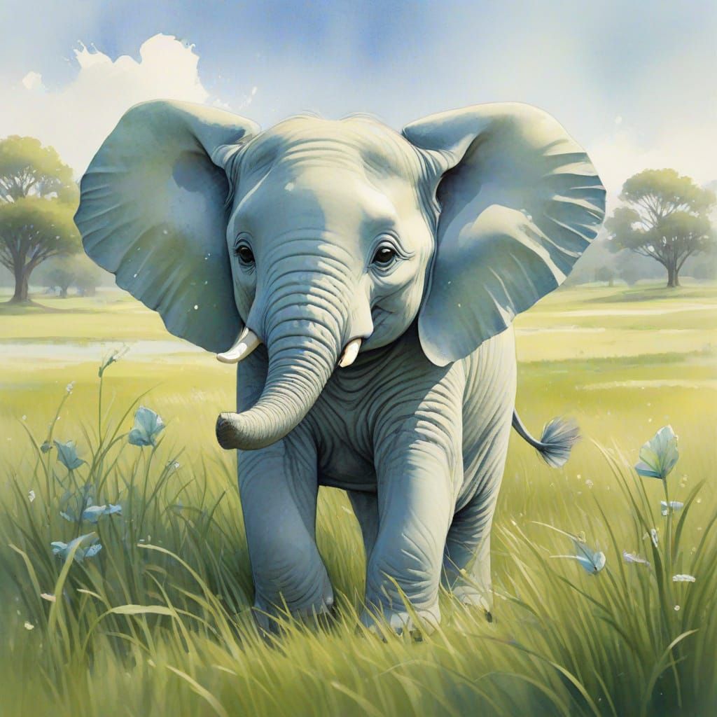 Baby Blue Elephant in Meadow: Watercolor Illustration