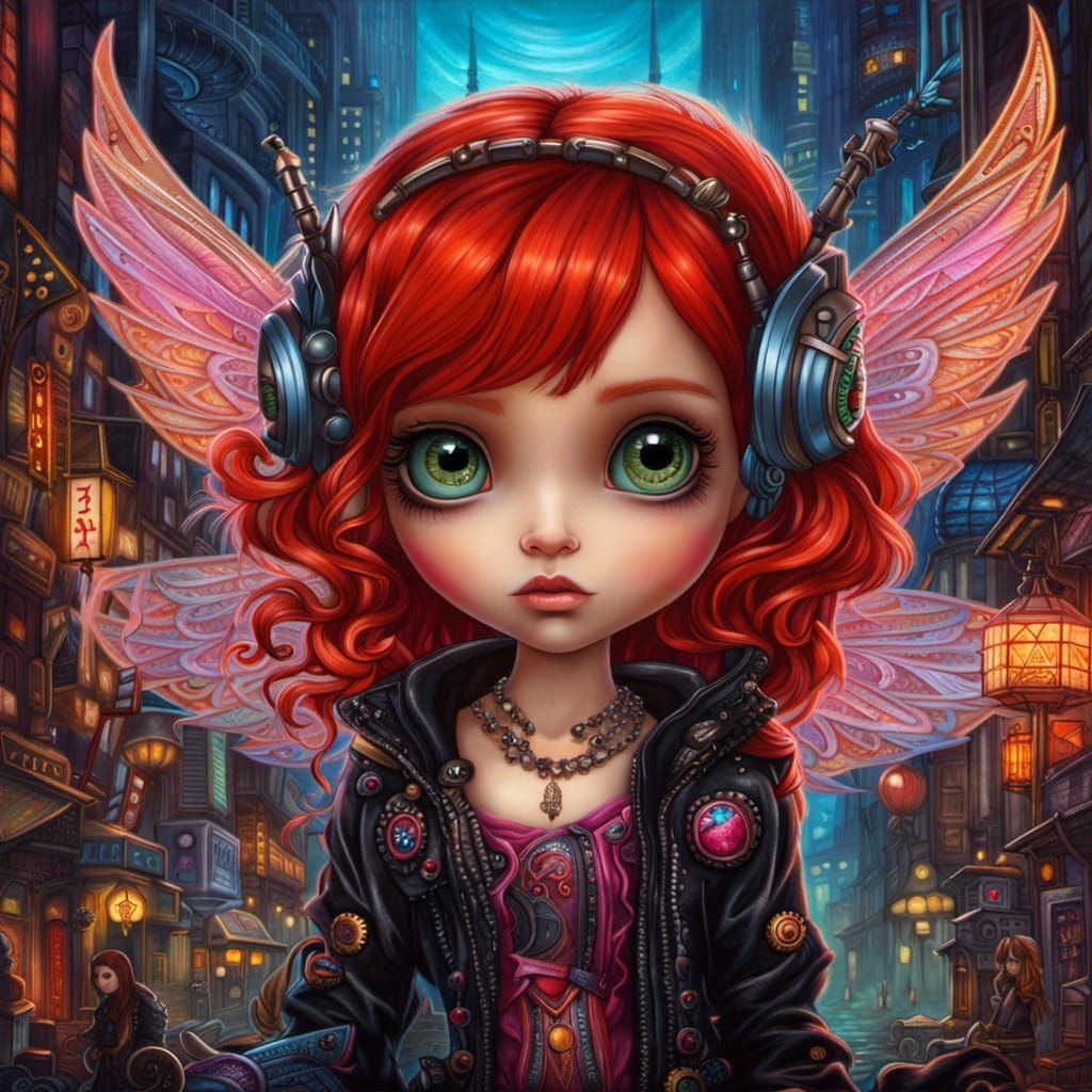 Cyberpunk Fairy with Neon Lights, Digital Art