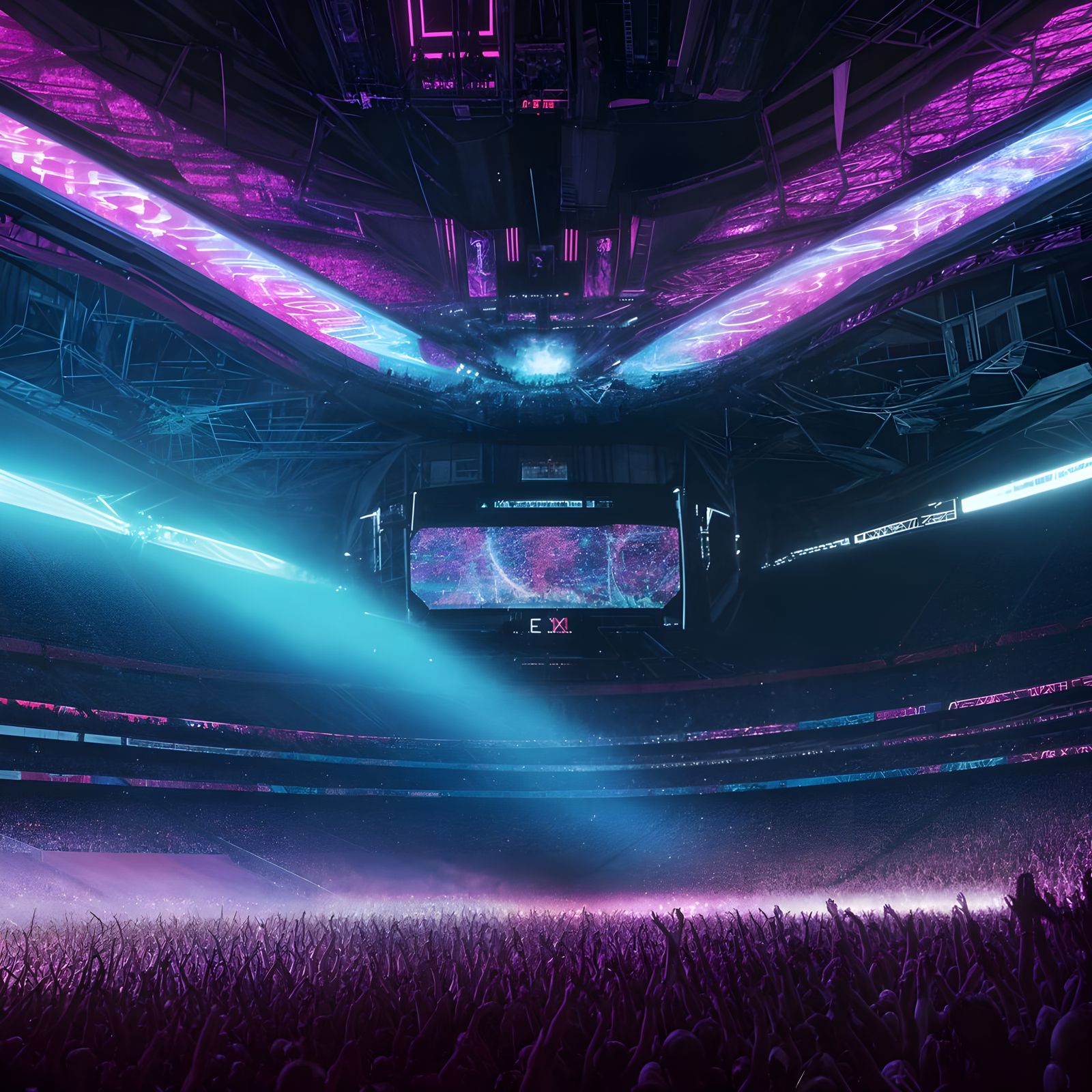 Dark Techno Rave in a Vibrant Stadium