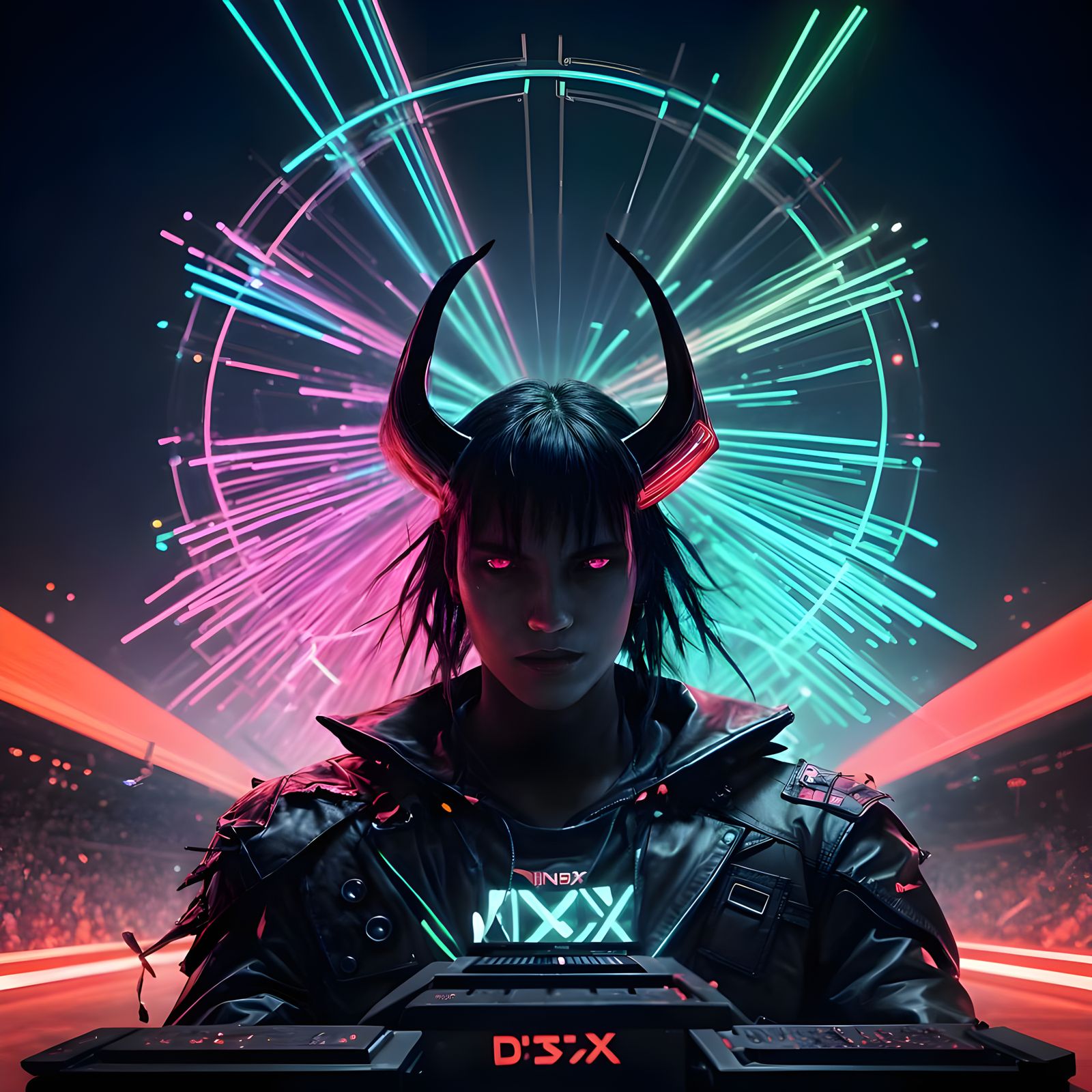 Dark Techno Rave in a Vibrant Stadium