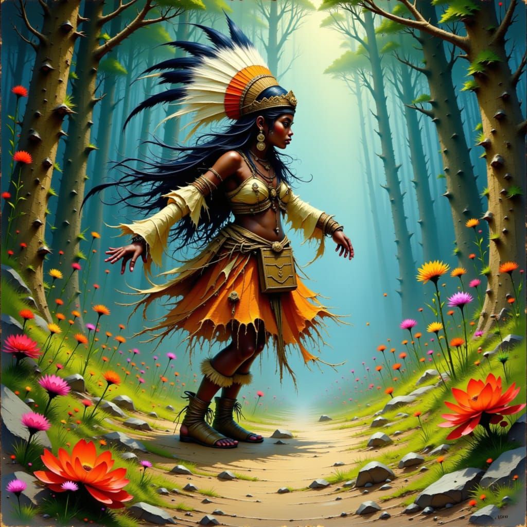 Miwok Tribal Figure Dancing in Mystical Forest
