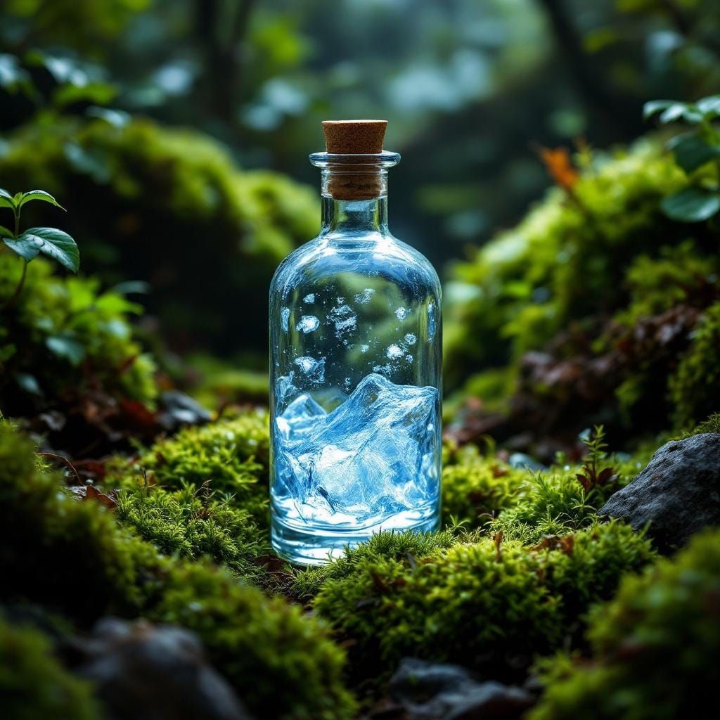 Icy Elixir in Mossy Forest, Hyperrealistic Style