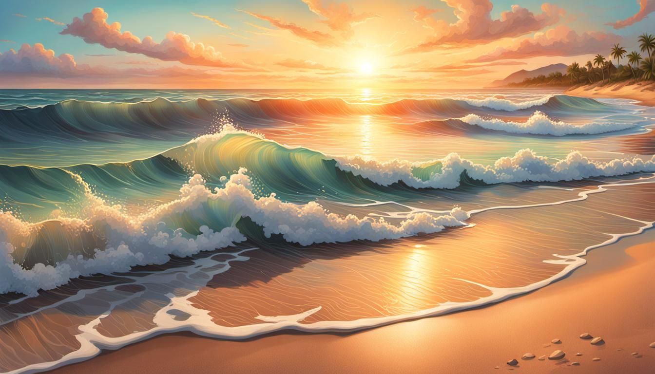 Hyperrealistic Sunrise Beach Scene, Detailed Digital Art