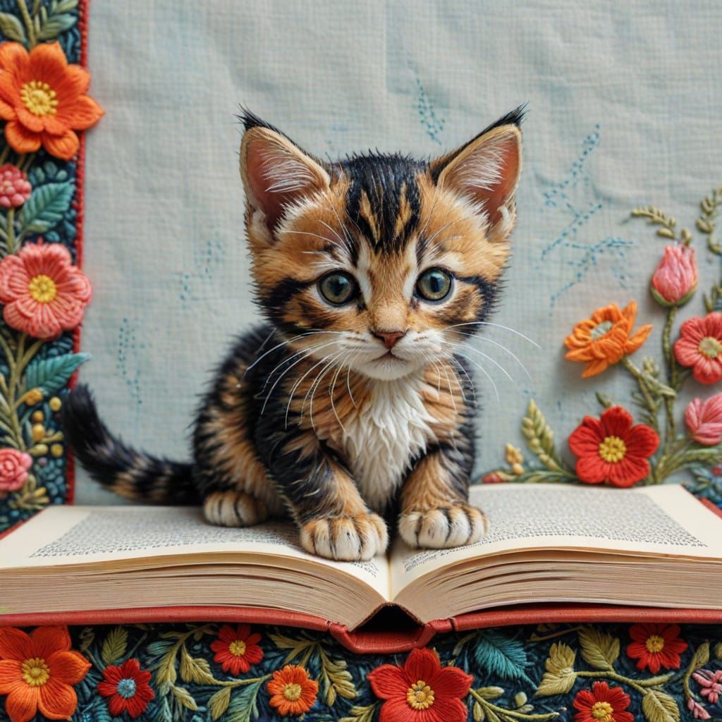 A Quilted Embroidery of a Demanding Kitten