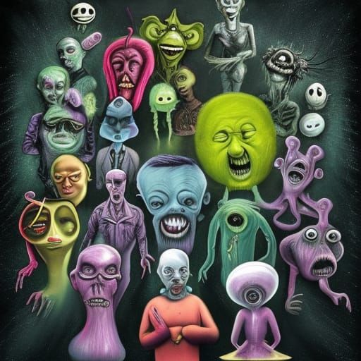 A group of aliens, ghosts, ghouls, misfits, monsters, and bo...