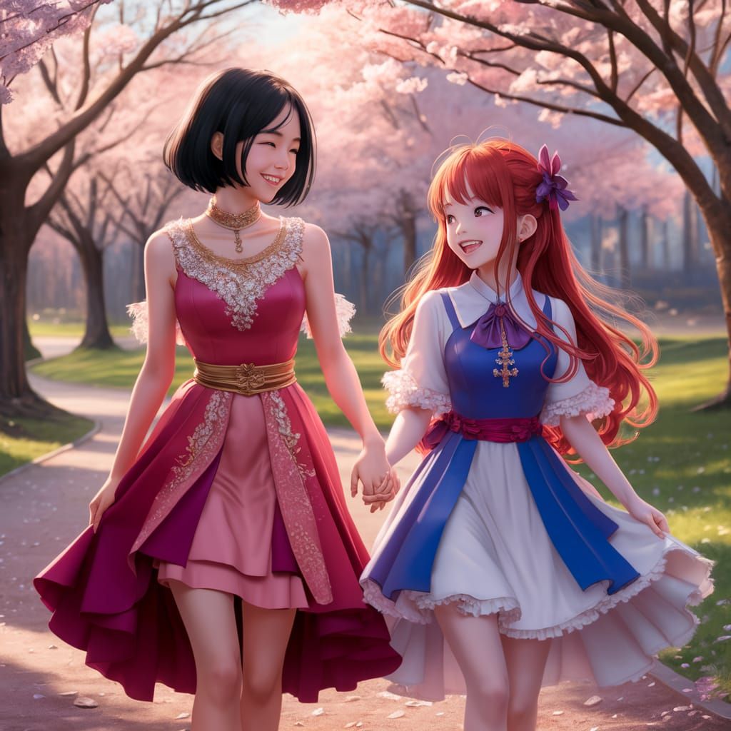Anime Girls Stroll in Spring Blossom Park
