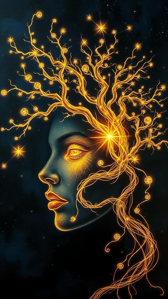 Ethereal Woman Face Formed from Luminous Tree