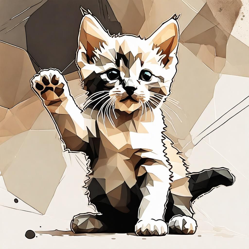 Low Poly Kitten Line Drawing with Alcohol Ink