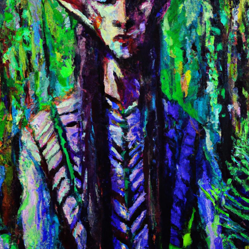 Art Deco Elf in Forest, Expressionist Oil Painting