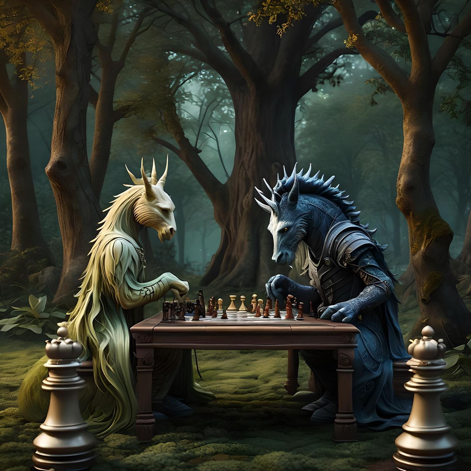 Fantasy Creatures Play Chess in Hyperdetailed Park