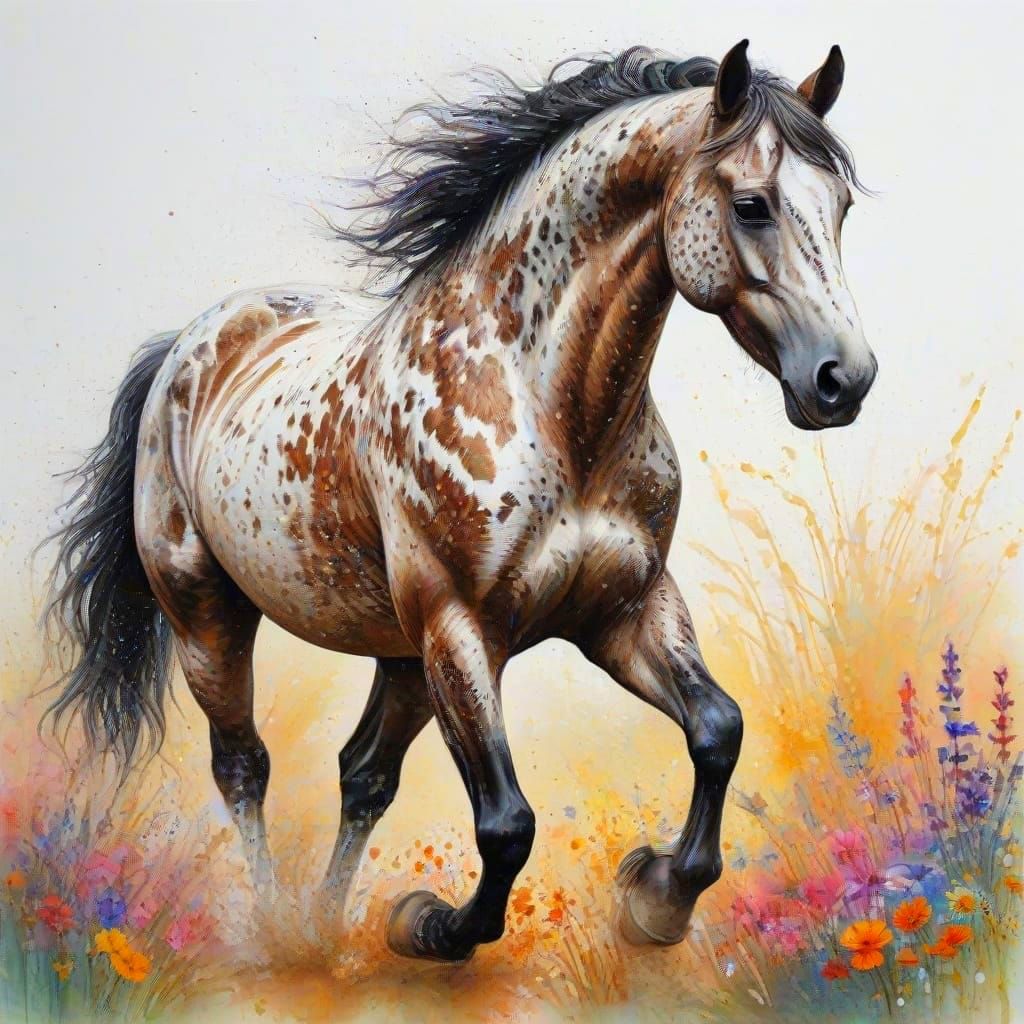 Vibrant Watercolor Appaloosa Runs in Floral Fields
